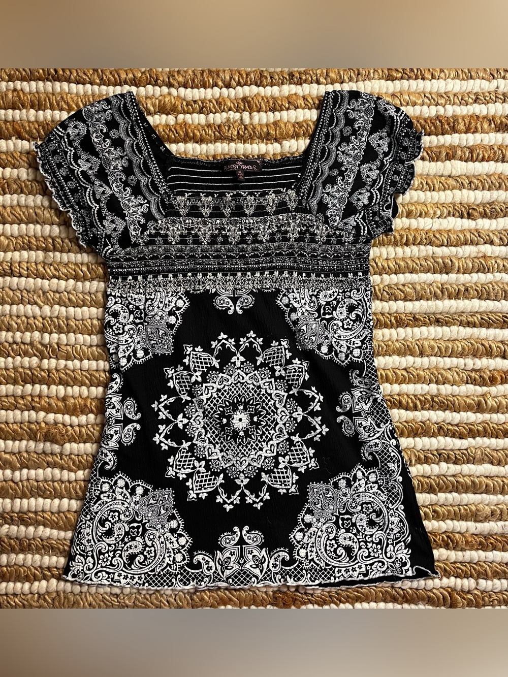 Y2K Almost Famous Black & White Paisley Smocked Square Neck Babydoll Top